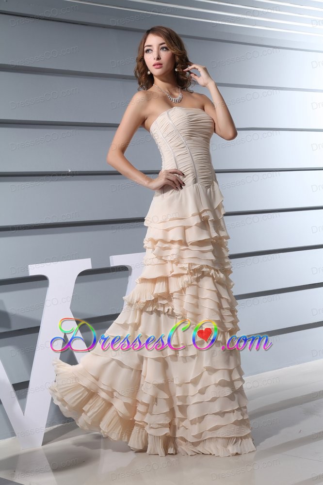 A-Line Strapless Ruffled Layers long Prom Dress in Champagne