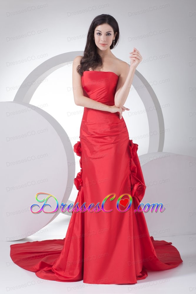 Red Column Strapless Hand Made Flowers Wedding Dress
