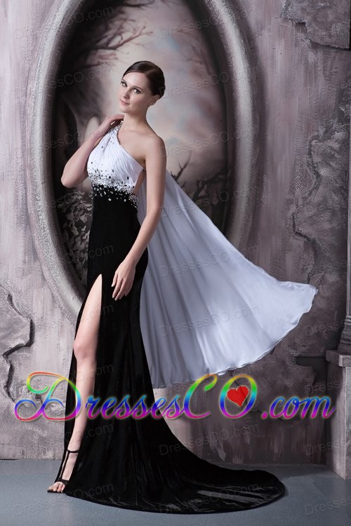 Popular White and Black Evening Dress One Shoulder Beading Chiffon and Elastic Woven Satin Brush Train