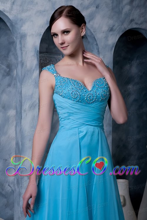 Exquisite Aqua Blue A-line Prom Dress Straps Chiffon Beading Sweep Train