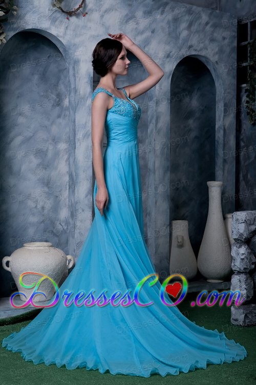 Exquisite Aqua Blue A-line Prom Dress Straps Chiffon Beading Sweep Train