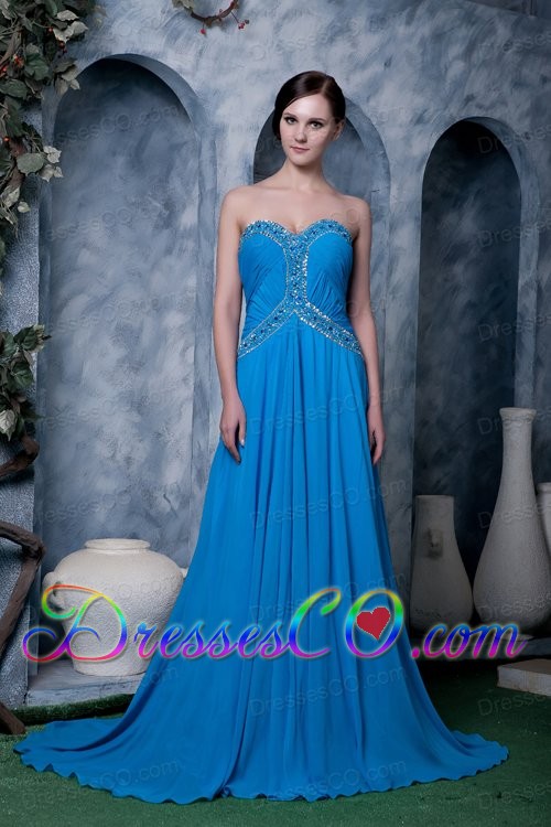 Sky Blue Empire Brush Train Chiffon Beading Prom Dress