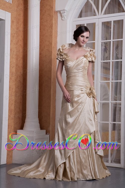 Customize Champagne A-line Wedding Dress Silk Like Satin Hand Made Flower Court Train