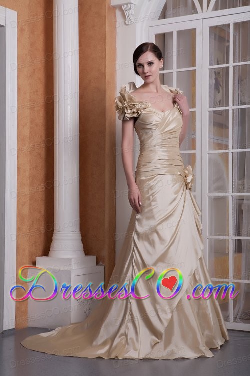 Customize Champagne A-line Wedding Dress Silk Like Satin Hand Made Flower Court Train