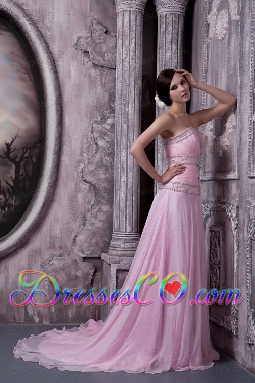 Baby Pink Prom / Celebrity Dress A-line Chiffon Beading Sweep Train
