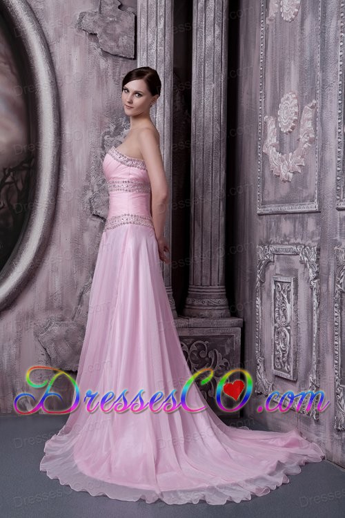 Baby Pink Prom / Celebrity Dress A-line Chiffon Beading Sweep Train