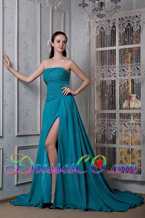 Remarkable Teal A-line Strapless Evening Dress Chiffon and Elastic Woven Satin Beading Court Train