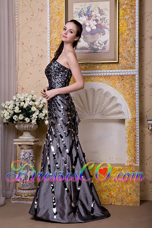 Exquisite Black Column Strapless Evening Dress Taffeta Sequins Long