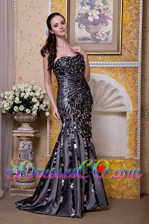 Exquisite Black Column Strapless Evening Dress Taffeta Sequins Long