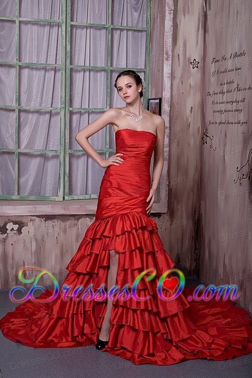 Unique Red A-line Strapless Prom Dress Cathedral Train Taffeta Ruffled Layers