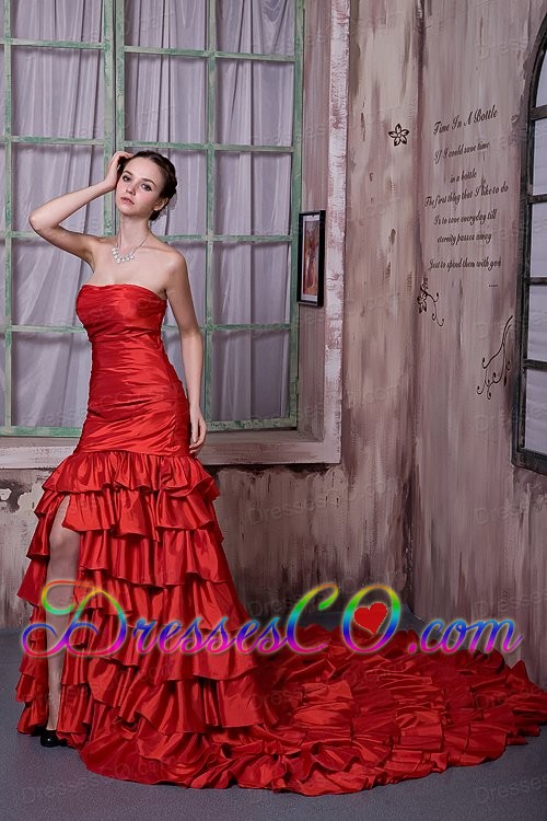 Unique Red A-line Strapless Prom Dress Cathedral Train Taffeta Ruffled Layers