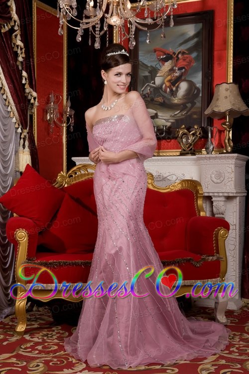 Wonderful Light Pink Prom / Evening Dress Mermaid Strapless Organza Beading Brush Train