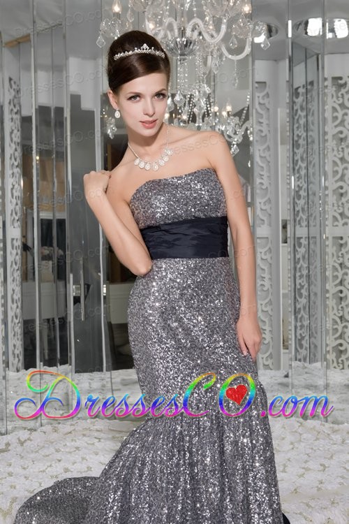 Beautiful Mermaid Strapless Prom / Evening Dress Sequin and Taffeta Sash Brush Train