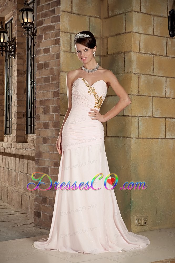 Light Pink Column Brush Train Chiffon Beading Prom Dress