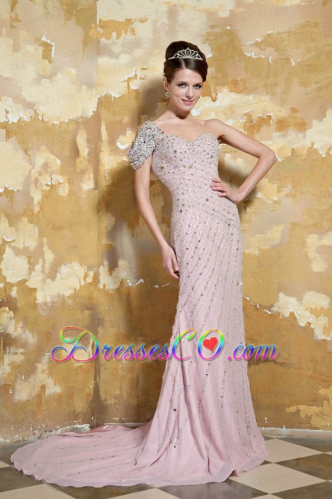 Light Pink Column One Shoulder Brush Train Chiffon Beading Prom Dress