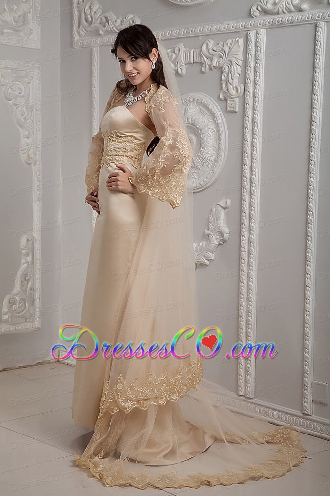 Romantic Champagne Column Strapless Brush Train Satin Lace Wedding Dress