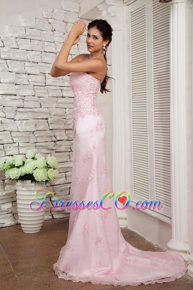 Elegant Baby Pink Prom Dress Column Beading Brush Train Lace