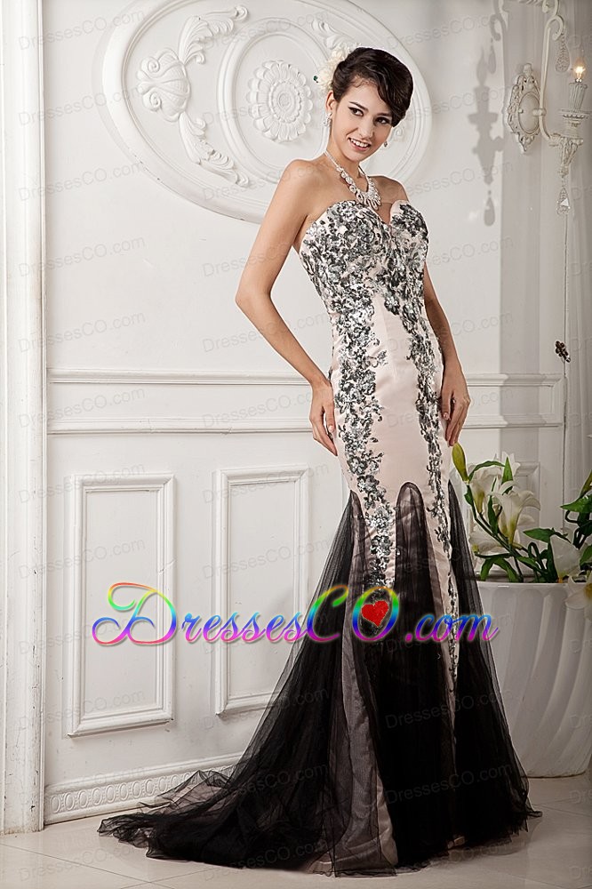 Brand New Champagne Column Evening Dress Tulle and Satin Appliques With Beading