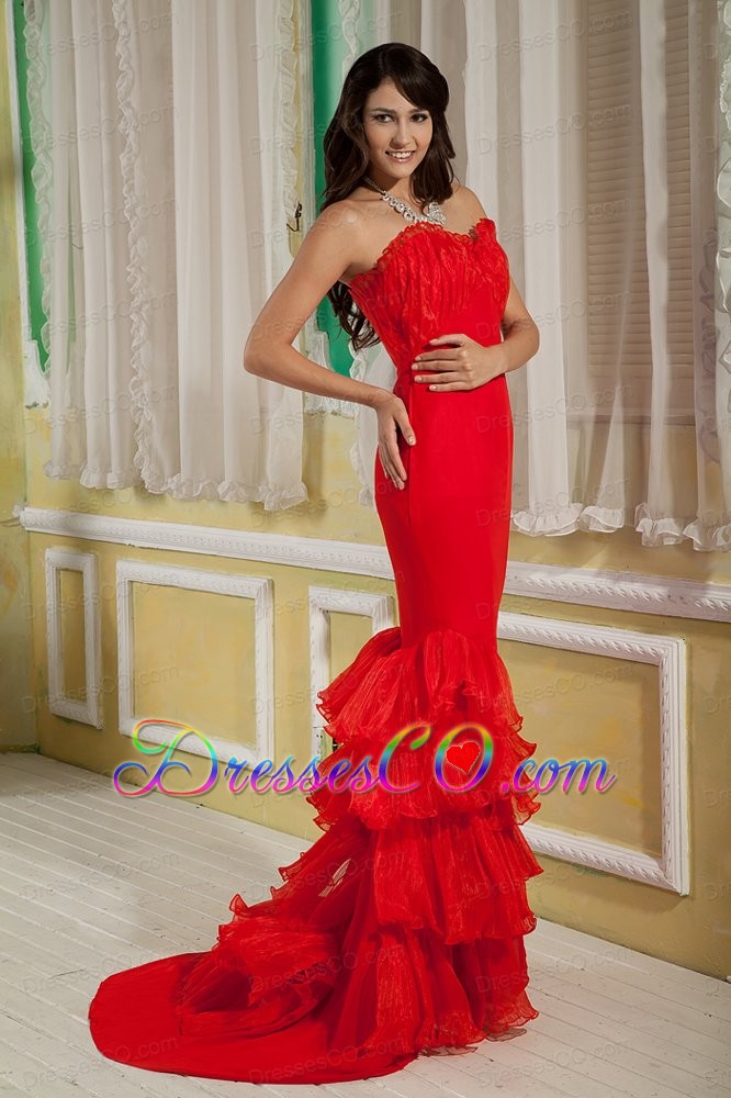 Simple Red Mermaid Prom Dress Chiffon and Organza Brush Train