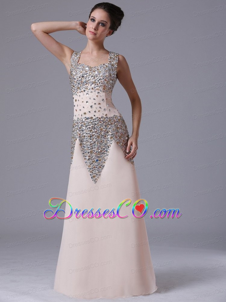 Champagne Beaded Decorate Shoulder Chiffon Column / Sheath Square Evening Prom Dress