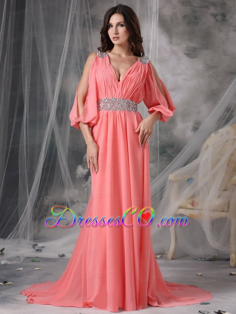 Customize Watermelon Red V-neck Prom / Evening Dress Chiffon Beading Court Train