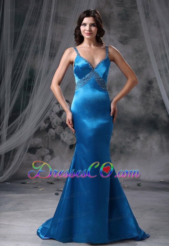 Mermaid Blue Beaded Decorate Straps and Bust Brush Train Prom dress