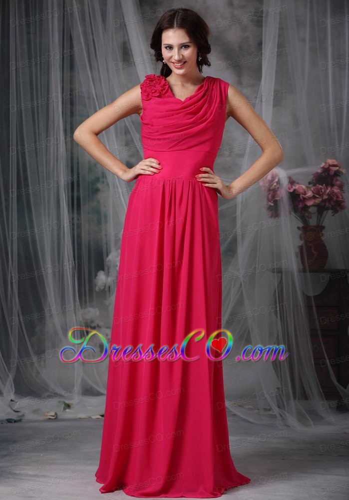 Coral Red Empire V-neck Long Chiffon Hand Made Flower Prom Dress