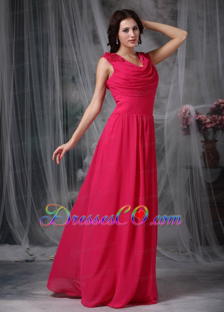 Coral Red Empire V-neck Long Chiffon Hand Made Flower Prom Dress