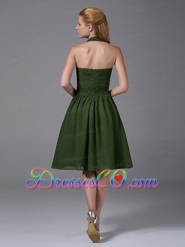Halter Ruched Chiffon A-line Knee-length Olive Green Bridesmaid Dress
