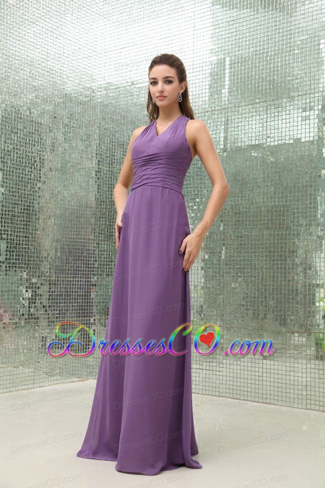 Empire Chiffon Purple V-neck Bridesmaid Dress Ruched Long