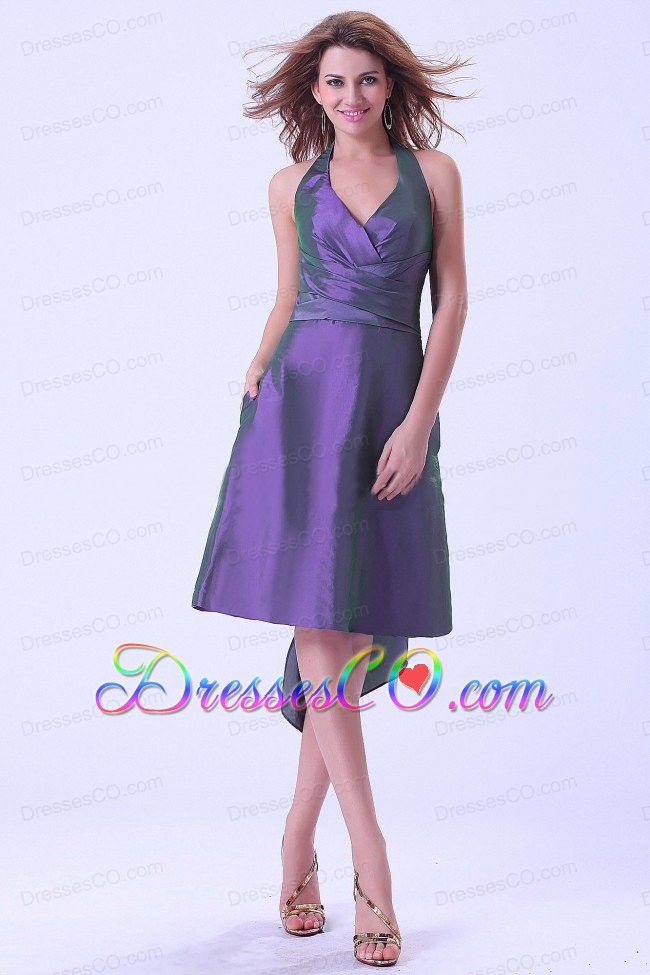 Purple Halter Prom / Homecoming Dress Knee-length Taffeta