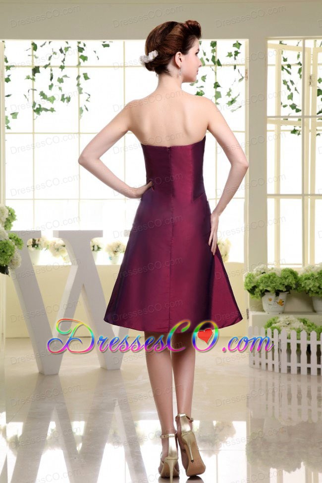 Burgundy Bridesmaid Dress With Ruched Knee-length And Taffeta