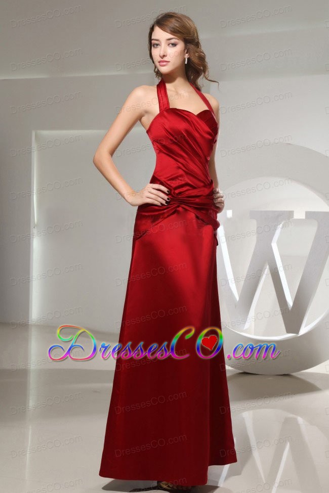 Halter Ruched Ankle-length Wine Red Satin Prom Dress Column