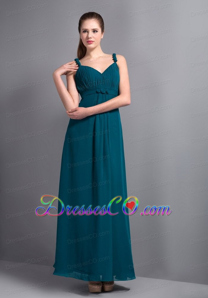 Affordable Turquoise V-neck Ankle-length Bridesmaid Dress Chiffon