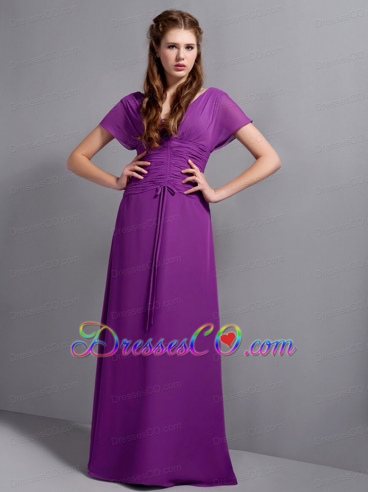Purple Column V-neck Long Chiffon Ruched Bridesmaid Dress