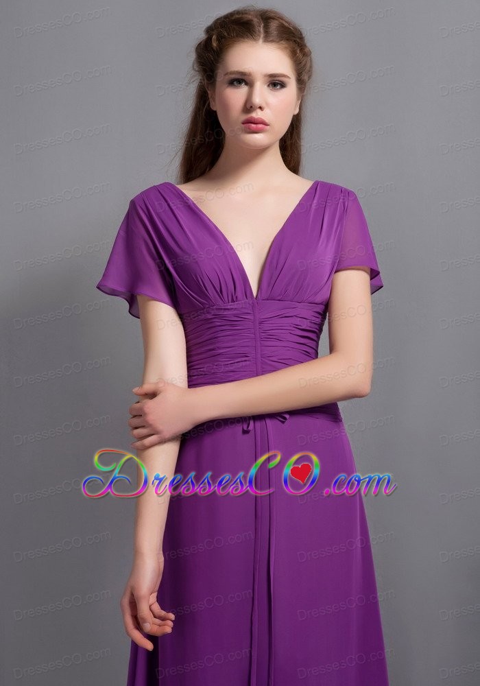 Purple Column V-neck Long Chiffon Ruched Bridesmaid Dress