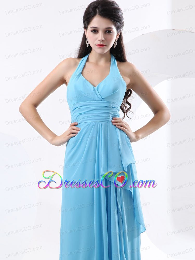 Halter Baby Blue For Custom Made Bridesmaid Dress With Ruche