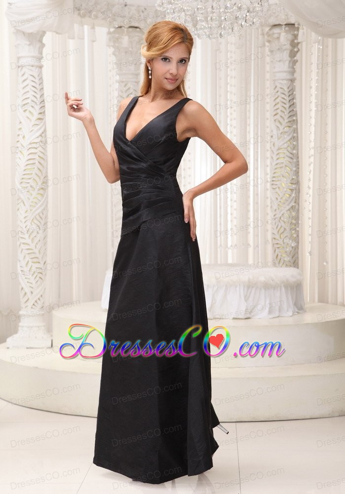 V-neck Black Modest Bridesmaid Dress For Formal Evening Taffeta Long Ruche