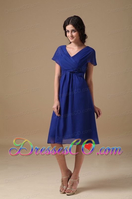 Beautiful Royal Blue Bridesmaid Dress A-line V-neck Chiffon Ruched Knee-length