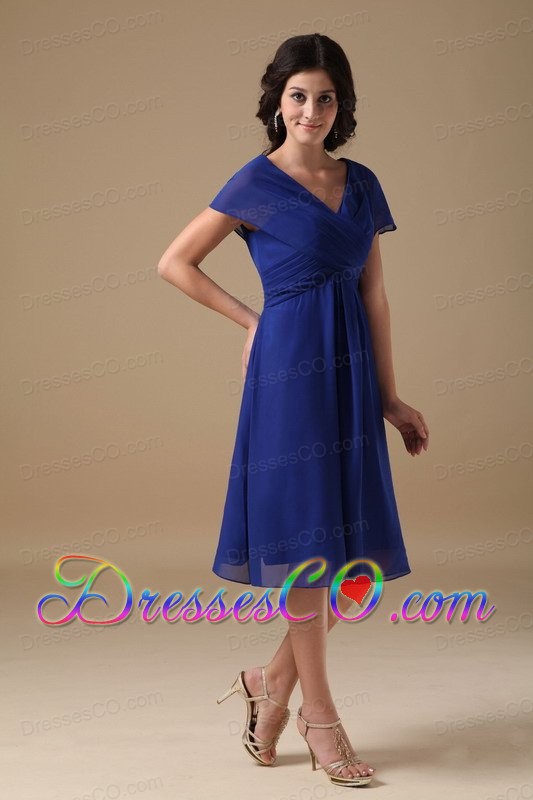 Beautiful Royal Blue Bridesmaid Dress A-line V-neck Chiffon Ruched Knee-length