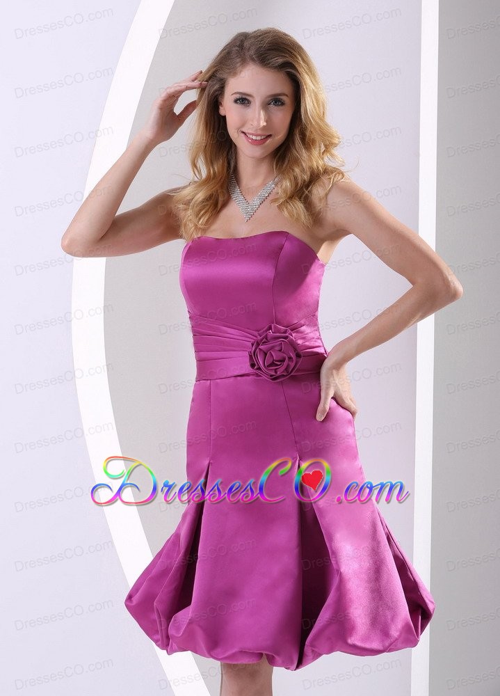 Fuchsia A-line Strapless Bridesmaid Dress With Satin Ruche and Hand Made Flowers