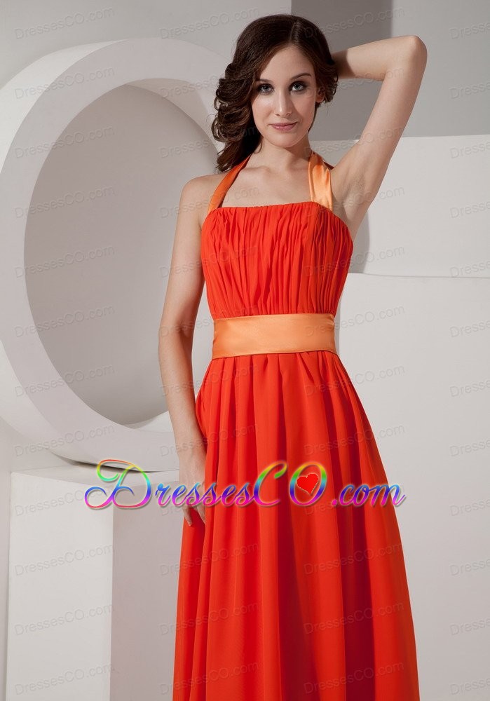 Orange Halter Chiffon Prom Dress with Sashes / Ribbons