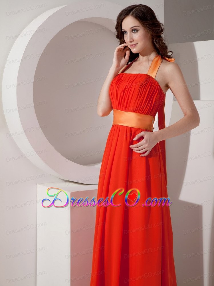 Orange Halter Chiffon Prom Dress with Sashes / Ribbons