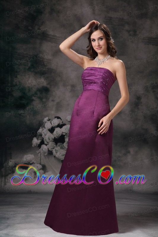 Purple Column Elegant Prom Dress Strapless Taffeta Beading Long