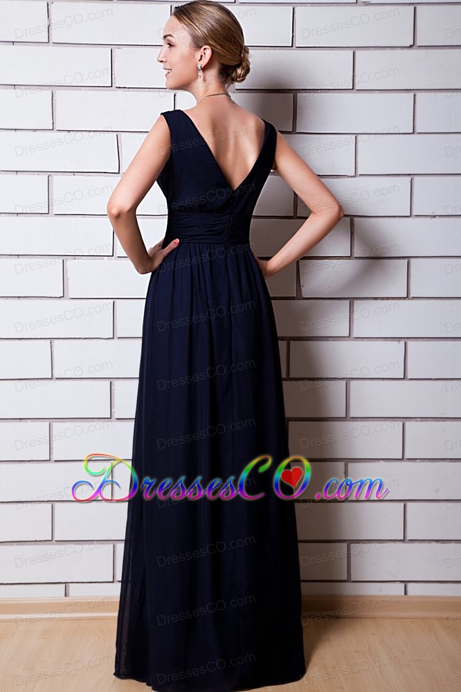 Black Chiffon Bridesmaid Dress Column V-neck Long Prom Dress