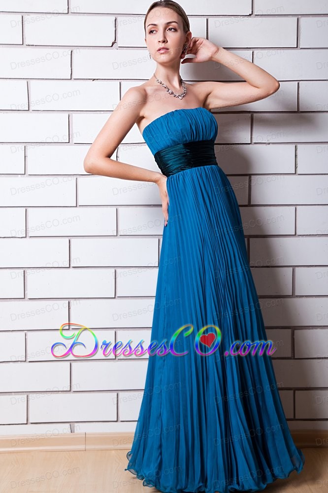 Blue Empire Strapless Long Organza Pleat Prom Dress