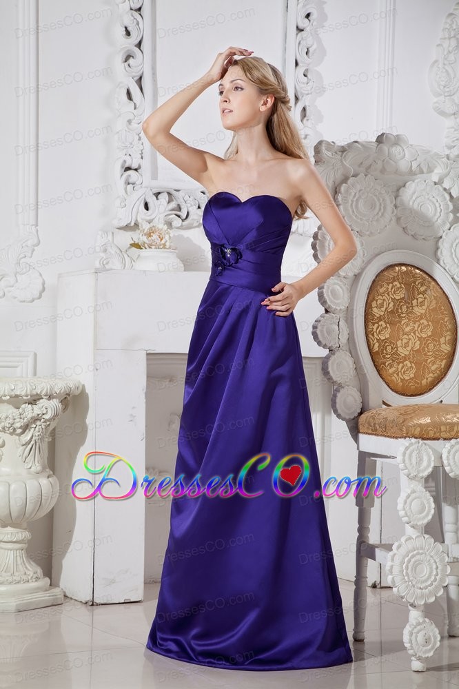 Purple A-line Long Satin Hand Made Flowers Prom Dress