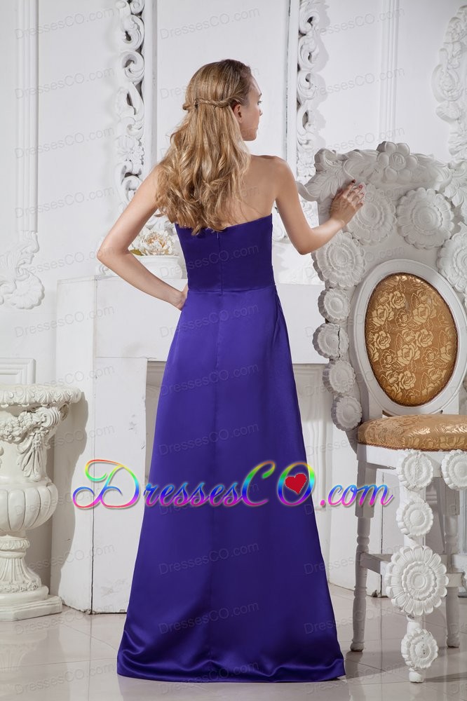 Purple A-line Long Satin Hand Made Flowers Prom Dress