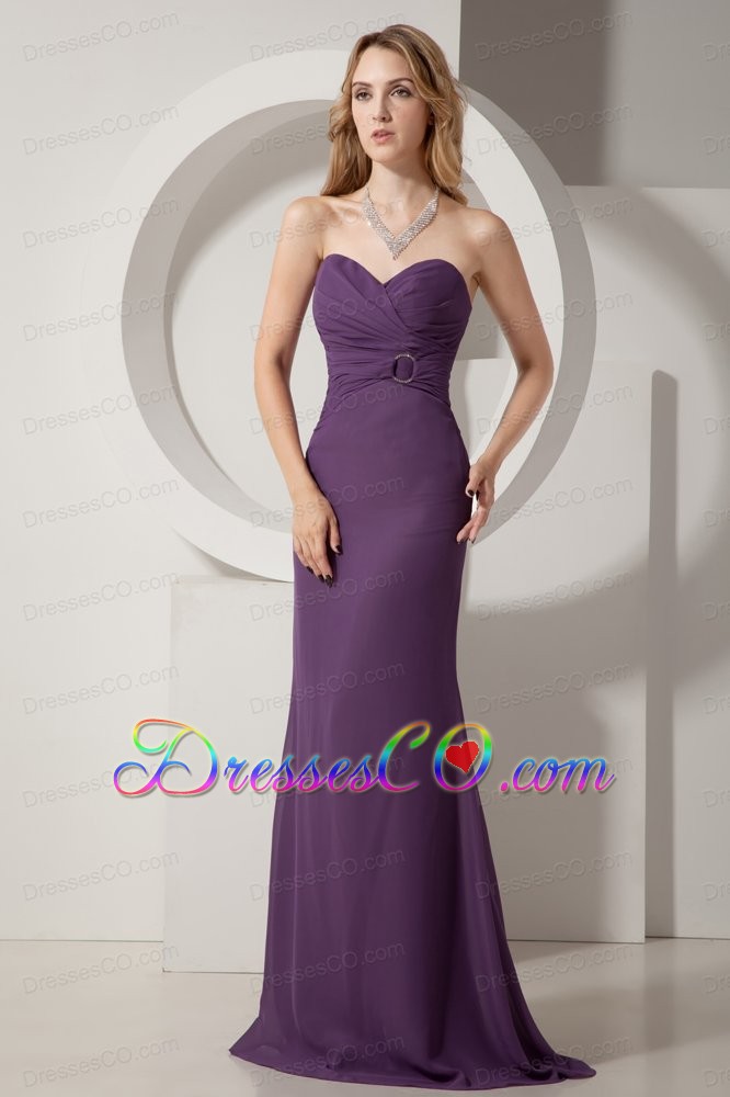 Dark Purple Column Brush Train Chiffon Ruched Bridesmaid Dress