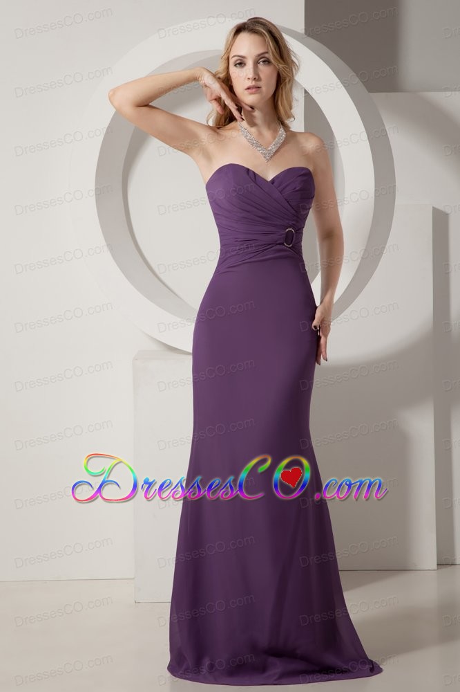 Dark Purple Column Brush Train Chiffon Ruched Bridesmaid Dress